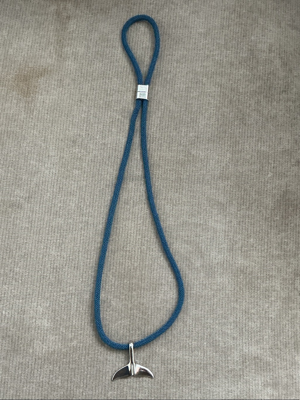 Silver Whale Tail Pendant Necklace on Blue Rope